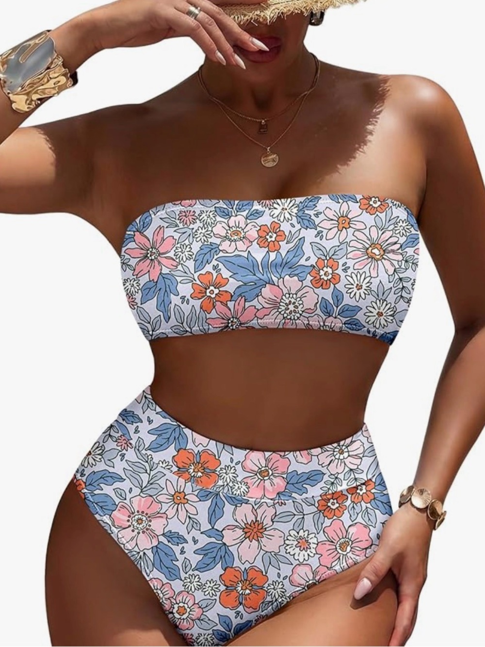 Pink Queen Women's High Waist Bikini Set Removable Strap Bandeau Swimsuit